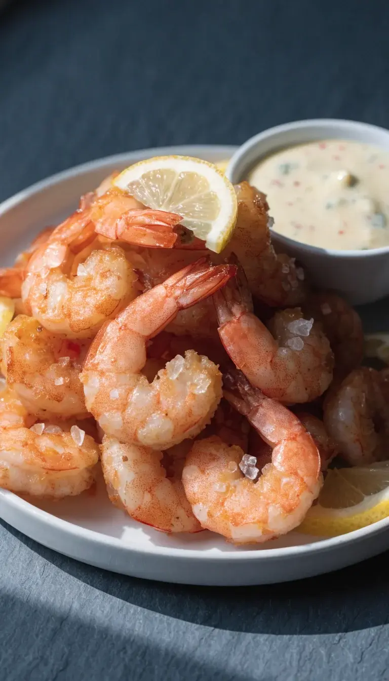 Prompt: Capture a close-up of perfectly crisp air-fried shrimp arranged in a neat pile on a matte white plate. Emphasize texture with visible golden-brown crust and a light sheen of oil. Include a light citrus garnish (thin lemon wedges) and a delicate sprinkle of flaky sea salt. Use natural window light from the side to create soft shadows and enhance the crunch, with a minimal slate-gray background and a small dipping bowl of bright citrus aioli in the frame for contrast.