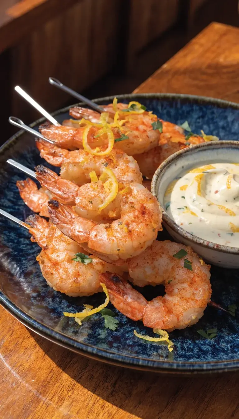 Prompt: Style a teaser still of shrimp skewers or a small skewer-tile platter featuring air-fried shrimp next to a quick dipping sauce (citrus-y mayo or light aioli). Focus on vibrant textures: crisp shrimp, citrus zest, and herb flecks. Include a sprinkle of paprika for a pop of color, and garnish with lemon zest ribbons. Shoot at a shallow depth of field to blur the background while the shrimp closest to the camera remains razor-sharp, using warm natural light to evoke a freshly cooked, crave-worthy vibe.