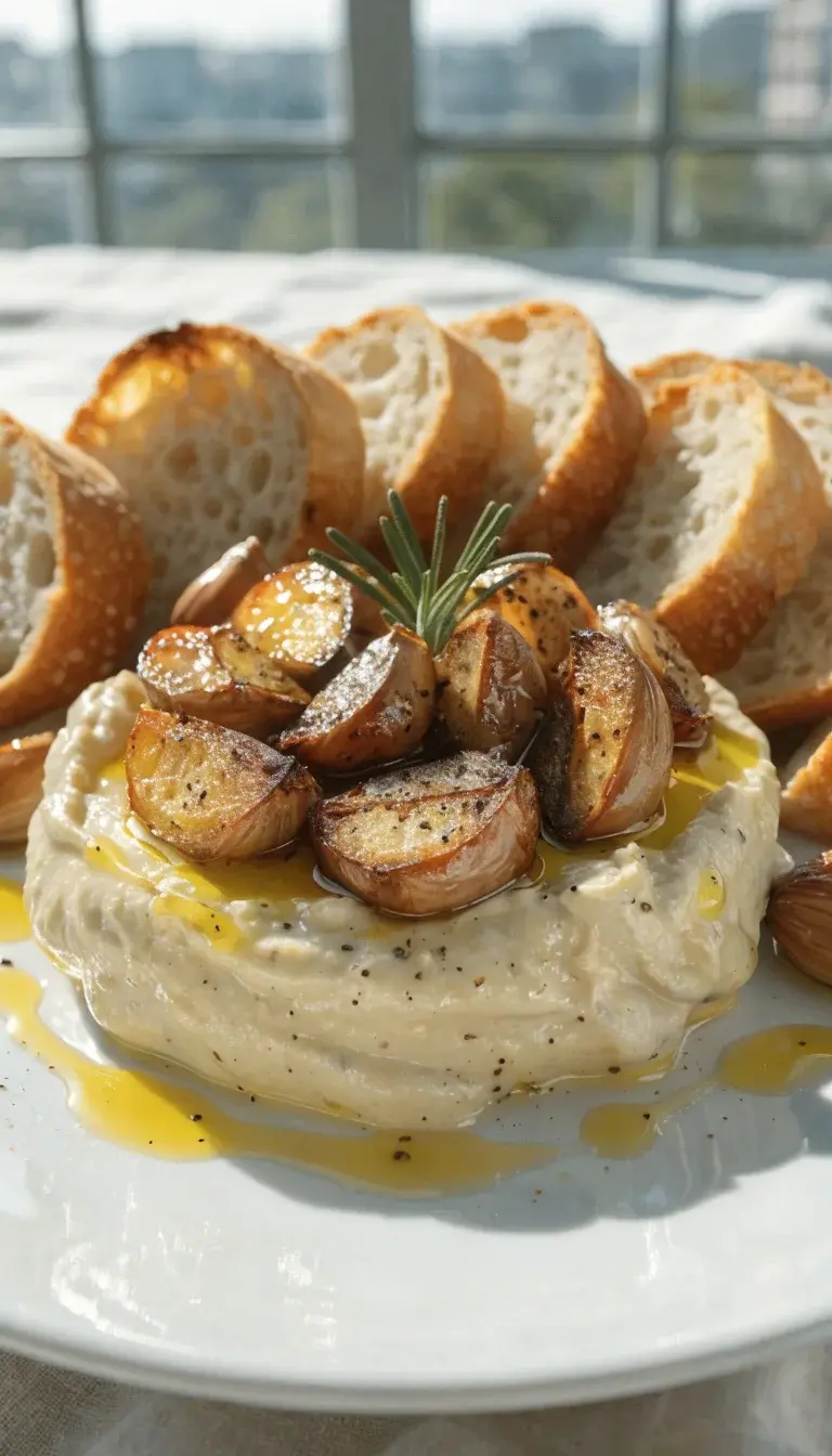 Serving presentation with crusty bread and drizzle: sliced baguette rounds fanned beside a generous scoop of roasted garlic cloves mashed into a silky spread, with visible olive oil sheen and pepper specks. Include a small sprig of rosemary for color, and a few whole roasted cloves scattered for texture. Shoot from a slightly elevated angle to show layering, using natural lighting to create warm, inviting tones and a clean, uncluttered plate that highlights the garlic’s caramelized gold, soft centers, and glossy finish.