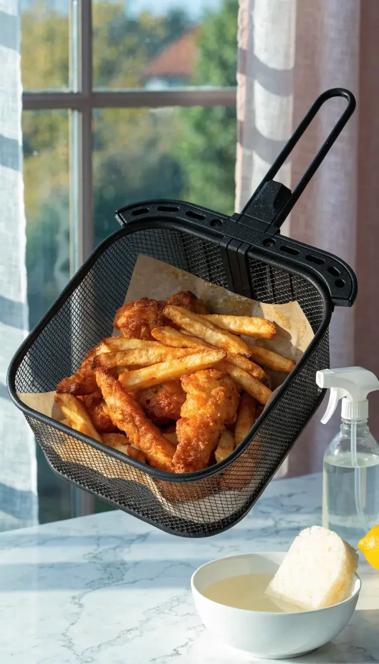 Prompt: A pristine air fryer basket on a light marble countertop, held open to reveal its crisp, evenly browned fries or chicken tenders resting on a parchment-lined base. Natural morning light from a nearby window casts soft shadows. Include a small bowl of warm soapy water with a non-abrasive sponge, a spray bottle of white vinegar, and a lemon wedge for deodorizing, arranged nearby. Emphasize texture: the crispy exterior of the food, glossy oil glisten, and the basket’s non-stick surface. Color palette: golden browns, warm amber oil, white and pastel accents.