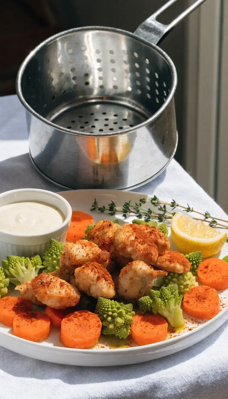 Prompt: Final plated presentation after cleaning: crispy air-fried vegetables (e.g., Romanesco florets and carrot coins) or bite-sized chicken bites arranged on a clean white plate with a light drizzle of oil and a dusting of paprika or garlic powder for garnish. Place the empty, sparkling-clean basket set nearby with its handle and interior gleaming. Surround with a minimal garnish setup: a sprig of fresh thyme, a lemon wedge, and a small ramekin of dipping sauce. Lighting: bright natural daylight from the side to emphasize texture and color, clean background, shallow depth of field to keep the food as the focal point. Colors: vibrant orange, emerald green, golden crust, and crisp white plate.