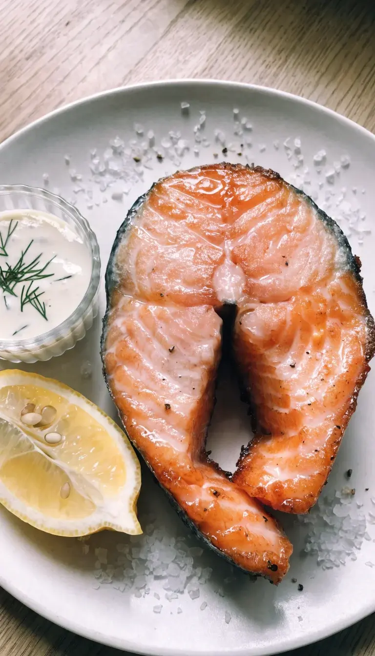 Close-up of air-fried salmon fillet: skin-on, 1-inch thick, crispy golden edges with a moist, pink center. Plate on a light-wood background with a sprinkle of flaky sea salt, cracked black pepper, and a lemon wedge. Include a small ramekin of dill yogurt sauce off to the side. Natural window light creates gentle shadows and highlights the glaze sheen on the surface.