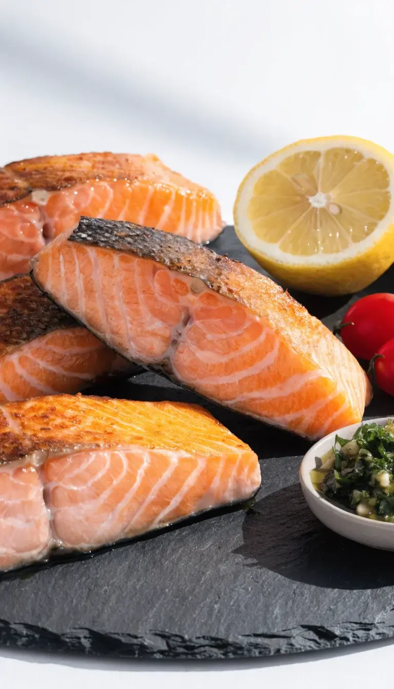 Editorial composition of the serving spread: three 1-inch salmon fillets arranged on a slate board with varied angles to show crisp skin and juicy interior, accompanied by a lemon half, a small dish of bright green herb gremolata, and a couple of cherry tomatoes for color contrast. Use natural daylight, clean white background kept minimal, and emphasize texture contrasts between the crunchy exterior and tender center.