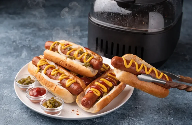 Air fryer hot dogs with juicy hot dogs in toasted buns, topped with mustard, ketchup, and relish, served as an easy family friendly meal with classic condiments.