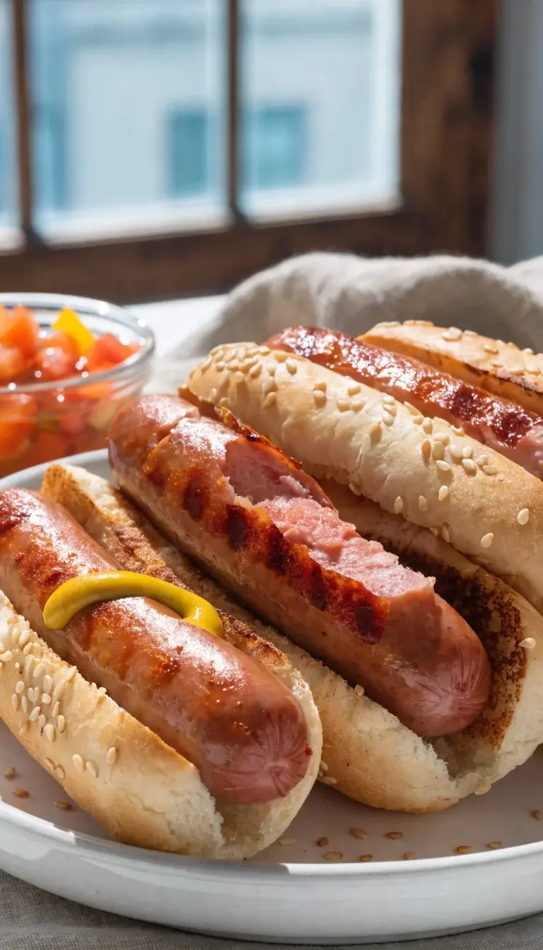 A close-up studio-quality shot of three air-fried hot dogs arranged on a clean white plate, showing the perfect snap and blistered skins. Focus on the glossy, slightly charred surface with visible grill-like sear lines, juicy interior peeking through. Pair with a lightly toasted sesame bun, a small drizzle of mustard on one dog, and a dusting of paprika or chili powder for color. Background: natural light from a window, soft shadows, minimal props (neutral linen, a small bowl of relish). Emphasize crisp texture and juicy interior.