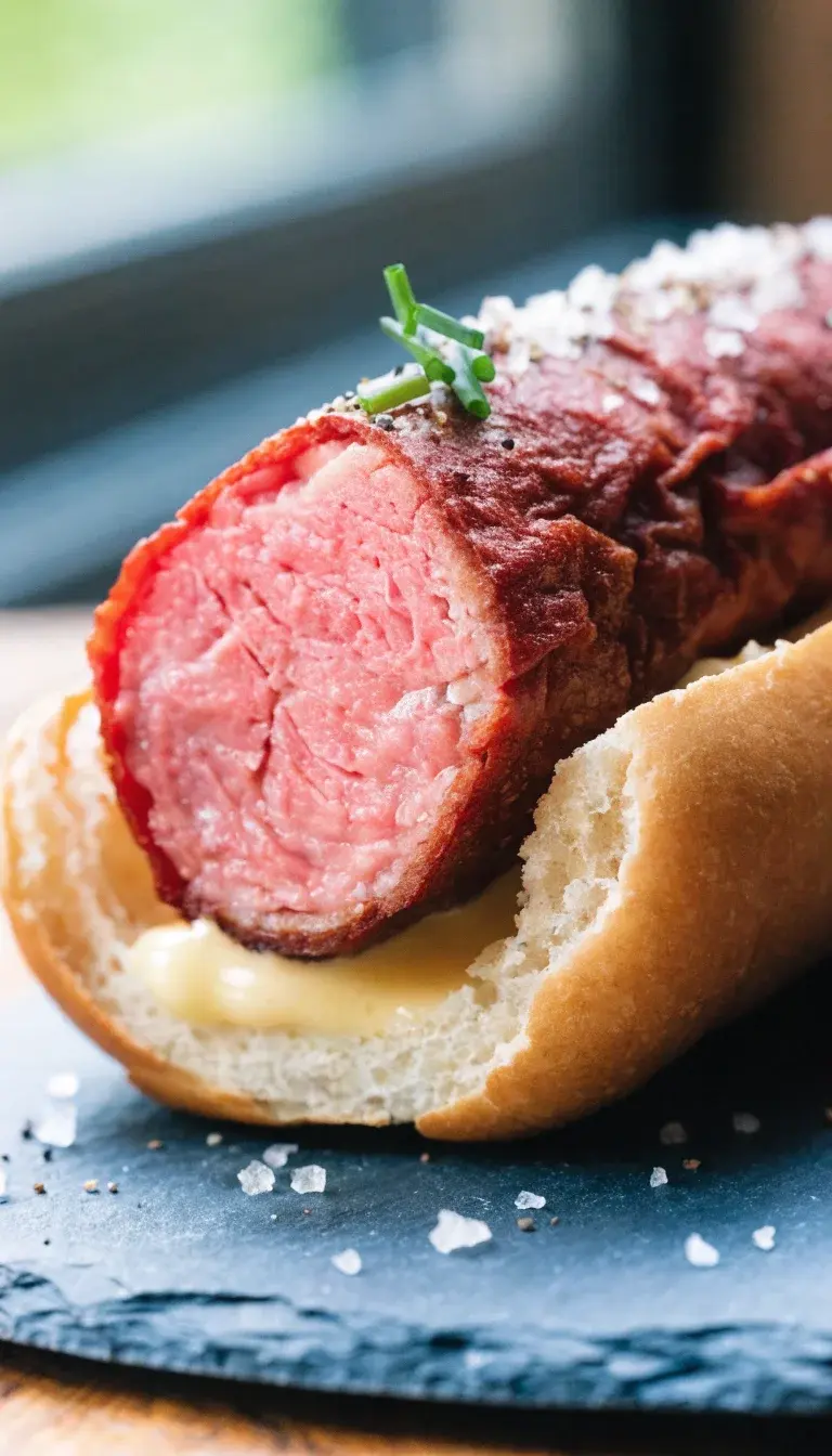 A macro-style composition focusing on the texture contrast: a single air-fried hot dog sliced to reveal a juicy, pink interior under a crisp, blistered exterior, resting on half a toasted bun with a pat of melted butter visible. Garnish with a pinch of flaky sea salt, cracked pepper, and a tiny sprig of fresh chives. Plate on a dark slate surface to make colors pop, using natural window light to create soft highlights and gentle shadows that emphasize the crisp skin, juicy bite, and glossy bun.