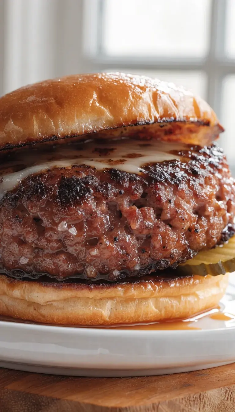 A close-up macro of a juicy air-fried burger patty resting on a toasted brioche bun, with a crisp, caramelized crust visible. Include a light sheen of melted cheese just starting to melt over the patty, 80/20 ground beef texture visible, subtle flecks of salt and ground black pepper on the surface. Garnish with a fresh pickle thinly sliced, and a light drizzle of amber burger juices on the plate. Use natural window light, a clean white plate, and a minimalist wooden board backdrop to emphasize the glossy crust and juicy interior.