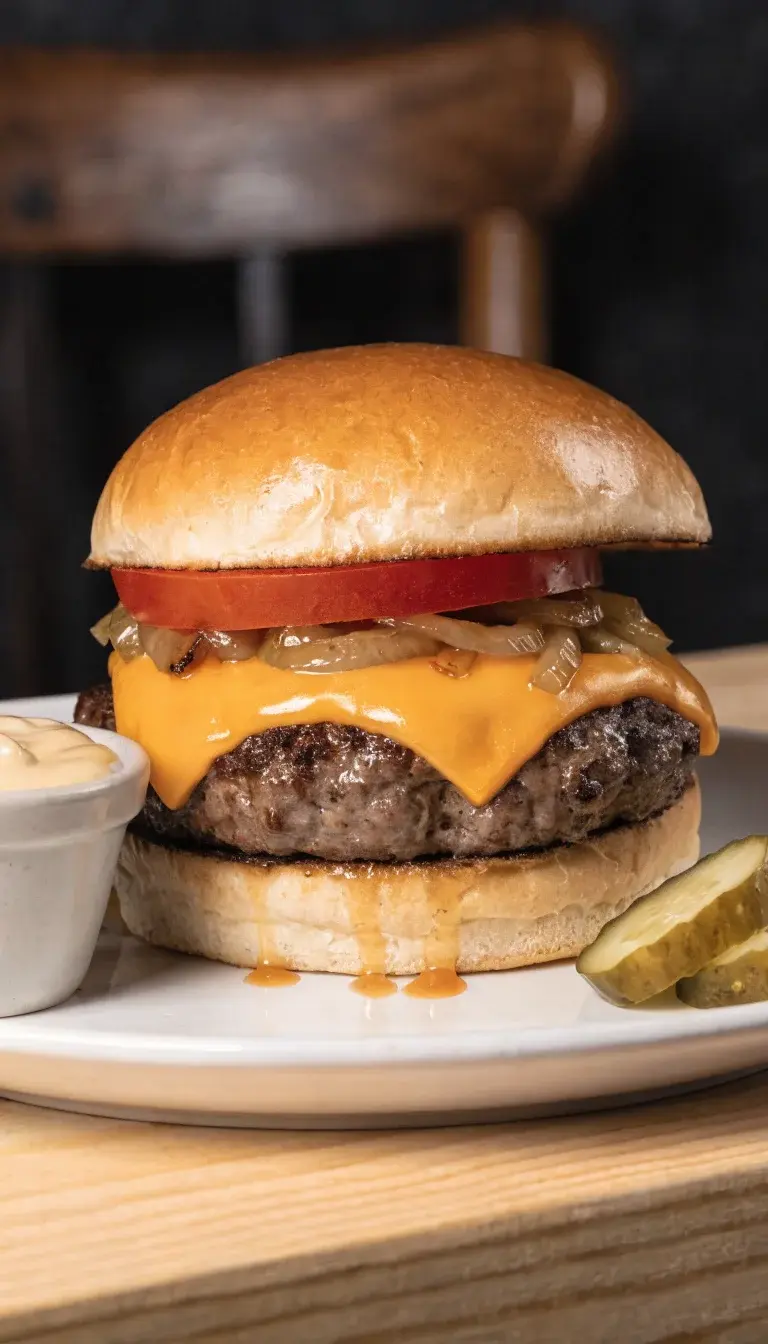 Finished burger assembly shot: a fully assembled juicy burger crowned with a glossy slab of melted cheese, a layer of caramelized onions peeking out, and a fresh red tomato slice under a lightly toasted brioche bun. Include a small ramekin of creamy sauce or aioli, a few pickle slices fanned on the side, and a drizzle of burger juices on the plate to show juiciness. Shoot on a clean white plate with a light wooden table and a shallow depth of field to keep the focus on the texture of the crust, the tenderness of the patty, and the sheen of the melted cheese.