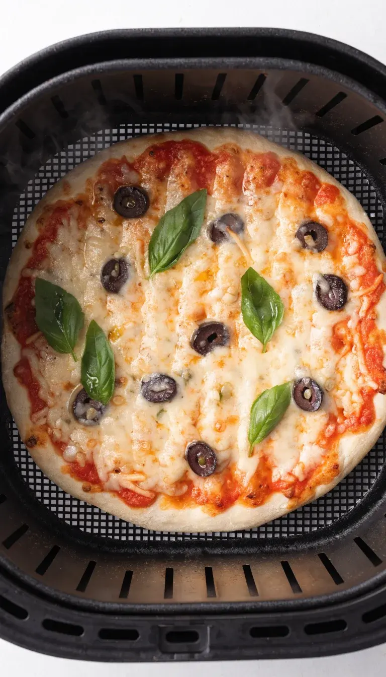 Dough-base method and presentation: a rolled-out thin pizza dough or pre-made crust in the air fryer basket with cheese just starting to melt, surrounded by toppings (tomato sauce, sliced olives, minced garlic, torn basil). Focus on the layering order and the air-fryer crisping lines on the crust. Shoot from directly above with a clean white background and a subtle temptation of steam rising, highlighting a glossy olive oil sheen and fresh herbs as finishing touch.
