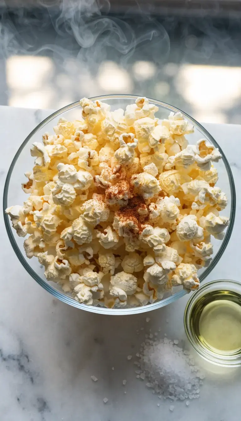 A close-up overhead shot of a glass bowl of freshly popped popcorn with light, airy kernels, captured under soft natural window light. Include a small ramekin of neutral oil and a pinch of sea salt visible nearby, with a sprinkle of paprika for a subtle warm tone. Style: clean white marble background, subtle steam,Focus on crisp texture and air-fried sheen, no people.