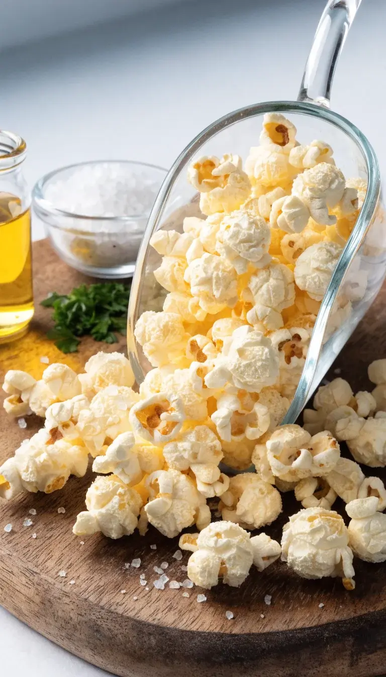 Flat lay composition featuring a rustic wooden board with a scoop of hot, freshly popped popcorn spilling onto the board. Highlight textures: buttery gloss on some kernels, crisp edges on others, and a sprinkle of smoked salt with a few pepper flakes for color contrast. Add a small glass vial of oil, a pinch bowl of salt, and a tiny garnish of chopped parsley for freshness. Use bright, diffused morning light and a clean, minimal backdrop.