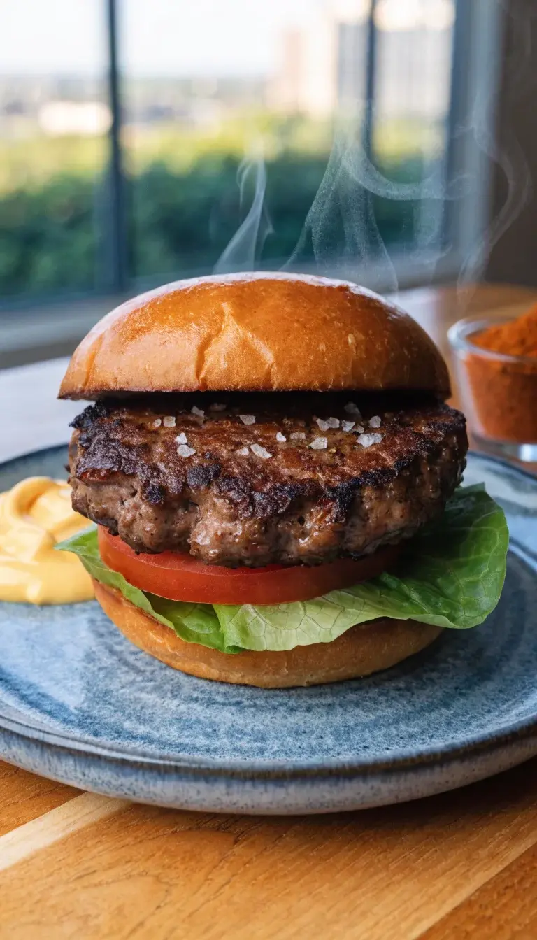 Sizzling air fryer burger close-up: a ¾-inch thick 80/20 beef patty formed loosely, pattied skin brushed with a light sheen of oil, mid-air fryer crust forming a crisp, caramelized exterior. Plate on a clean wooden surface with a soft natural window light, a sprinkle of flaky sea salt and cracked black pepper visible on top, and a small ramekin of paprika or garlic powder in the background. Include a classic brioche bun, fresh green lettuce, thick tomato slice, and a dollop of glossy mayonnaise or burger sauce arranged off to the side, emphasizing a ready-to-assemble presentation. Focus on texture: crusty exterior vs juicy interior hints, shallow depth of field, high detail.