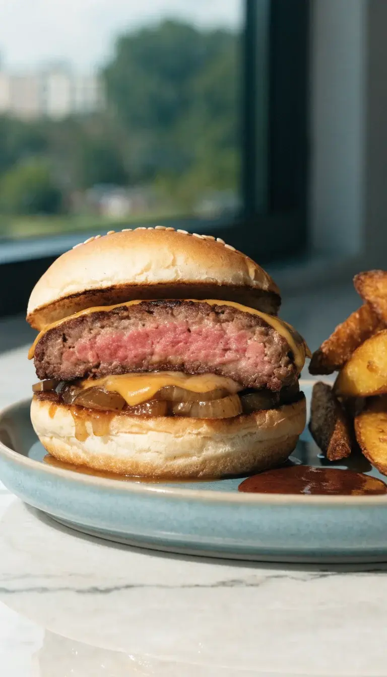 Juicy interior reveal and finishing touches: cross-section shot of a freshly cooked air fryer burger on a plate, half-assembled with the top bun just resting, revealing a perfectly pink-to-juicy center and a melted cheese layer clinging to the patty. Surround with a light drizzle of burger sauce on the plate, a few sesame seeds scattered on the bun, and a side of crisp air-fried fries or rustic potato wedges for context. Natural daylight from the side to highlight the moisture in the patty, with a clean, uncluttered background and shallow depth of field to make the burger the star.