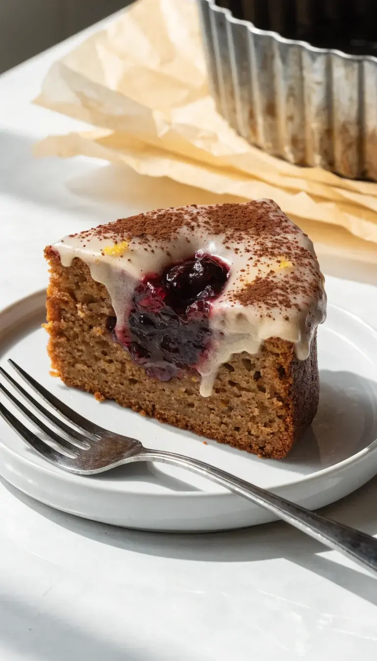 Finished presentation spotlight: a slice of air-fryer cake with a gentle vanilla glaze drizzled down the side, garnished with a subtle swirl of jam and a light dusting of cocoa powder or lemon zest. Plate on a clean white dish with a soft shadow, a fork resting beside, and a background of parchment scraps and a cooled cake pan to convey the baking process. Natural lighting to enhance the moist crumb, warm tones, and an inviting, bakery-worthy look.