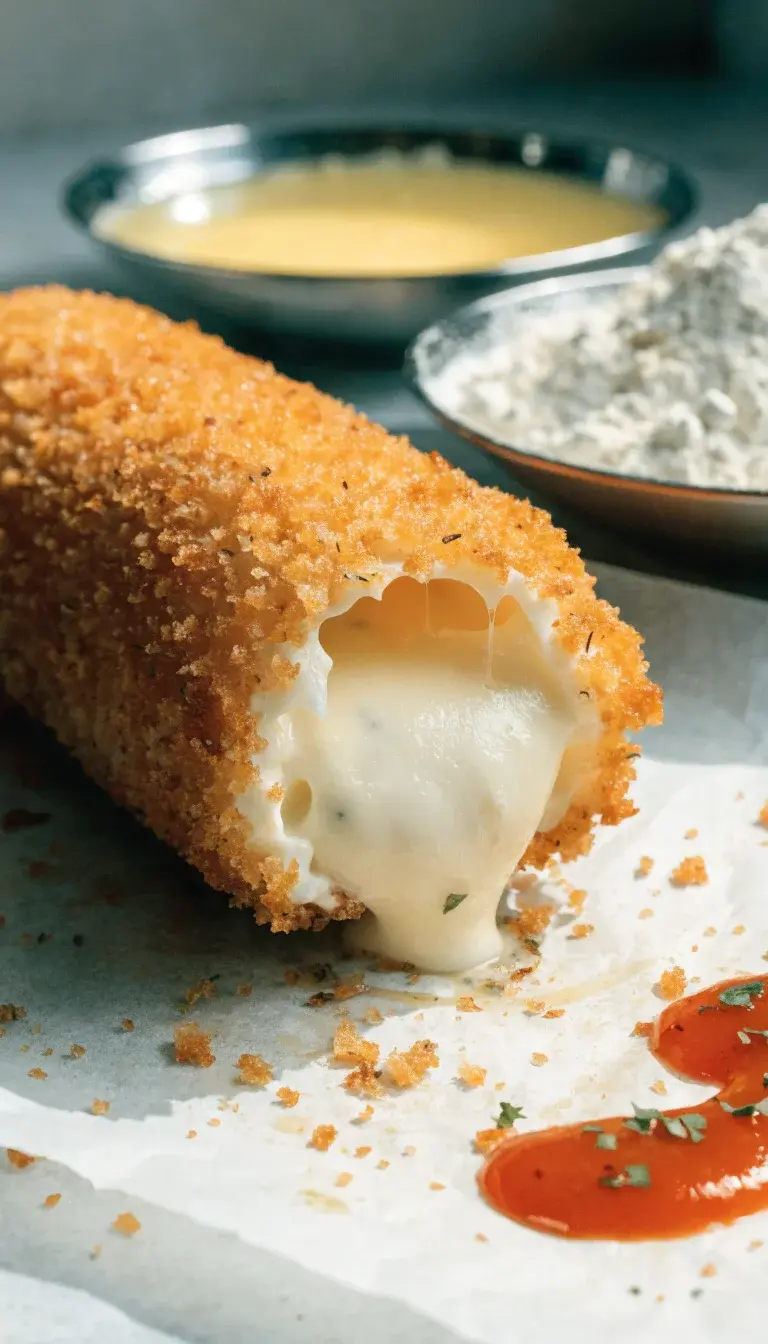 A close-up product shot of a golden, ultra-crispy mozzarella stick coated in seasoned breadcrumbs, arranged on parchment paper with a light drizzle of hot sauce on the side. Include a shallow bowl of beaten eggs and another with flour in the background to imply the dredging process. Use natural window light to highlight the gooey molten cheese just peeking from the center, with a crisp breadcrumb texture in focus and a clean, neutral backdrop.
