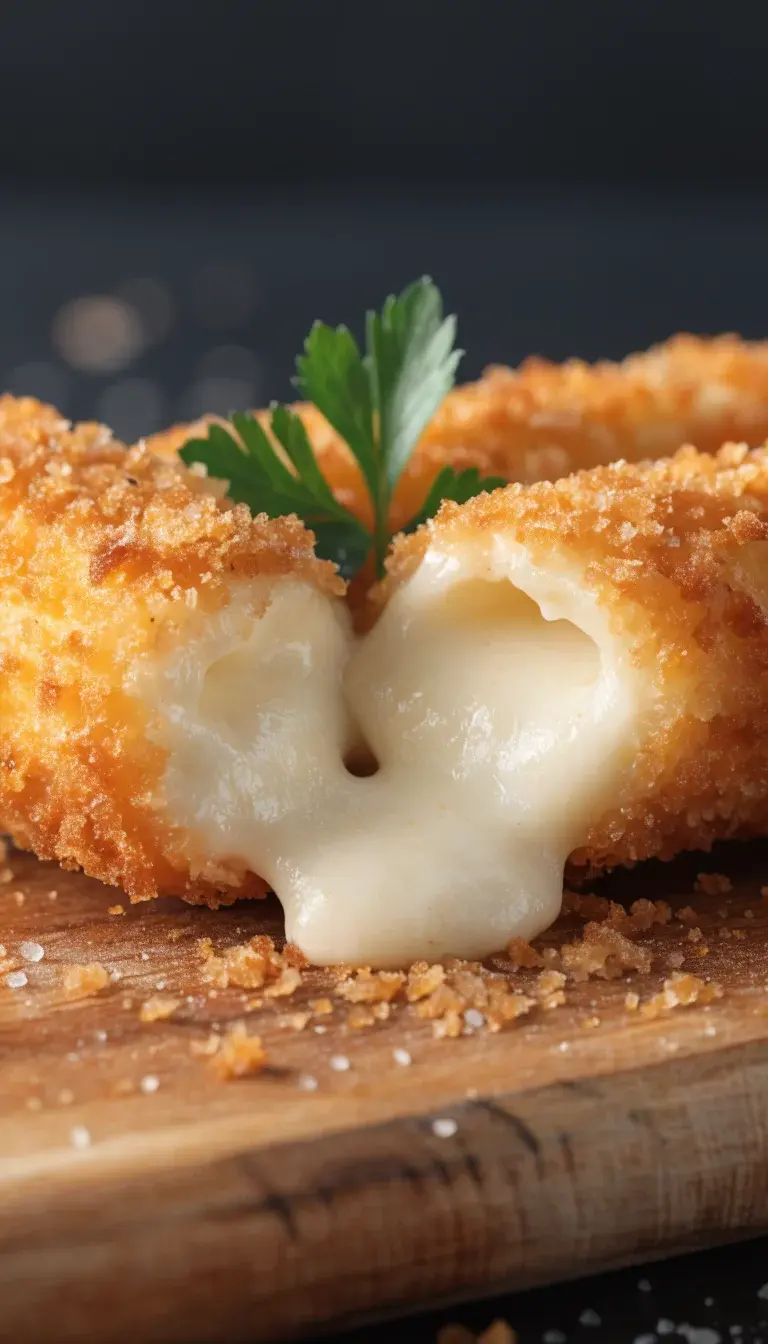 A studio-style, action-free macro shot of a single mozzarella stick broken in half to reveal a perfect gooey center, resting on a rustic wooden board. Surround with scattered breadcrumbs, a dusting of salt, and a tiny sprig of Italian parsley as garnish. Capture the texture contrast between the crisp exterior and the melty interior, with warm natural light enhancing the cheese gloss and the crumb details, and a clean, minimal background.