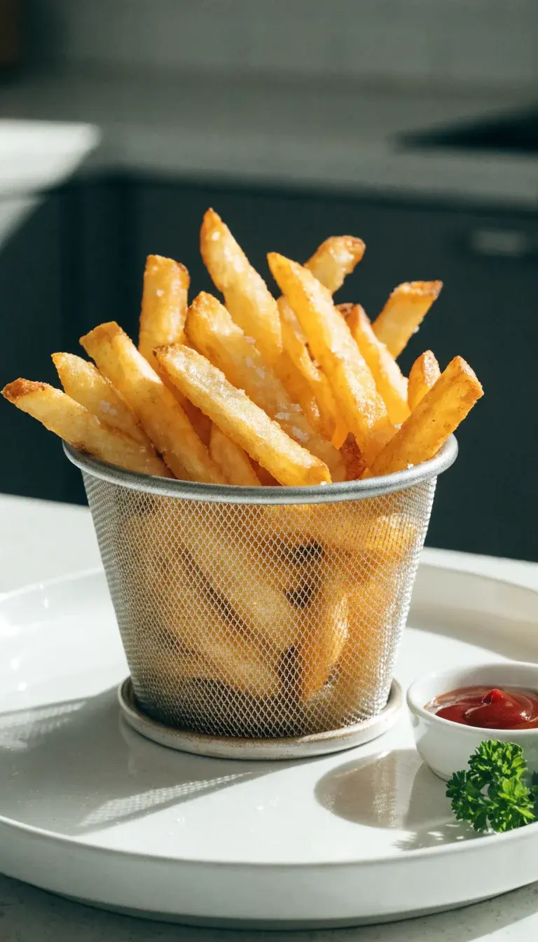 Prompt 1: Close-up of a freshly air-fried batch of French fries in a light, nonstick basket with a crisp, golden exterior. Style it with a subtle dusting of flaky sea salt, a tiny ramekin of ketchup and a sprig of parsley for color. Natural morning light from the side to enhance the crispy texture and tiny oil sheen, clean white plate, soft shadow, minimalist kitchen backdrop.