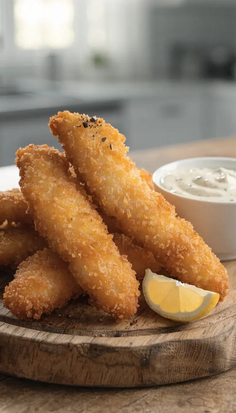 Prompt 3: A single portion of chicken tenders and a small bowl of dipping sauce presented on a rustic wooden board. Show the tender’s even browning and crisp texture, with a light spray of oil sheen for gloss. Include a lemon wedge and a pinch of cracked black pepper as garnish. Shoot at eye level with diffuse natural light, shallow depth of field to blur the background while keeping the tenders razor-sharp, and a clean, airy kitchen setting.