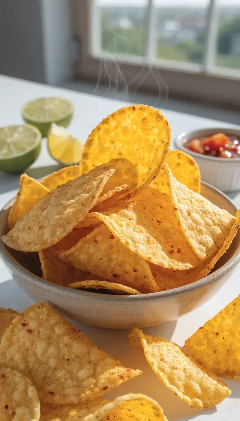 A close-up, high-contrast shot of golden air-fried tortilla chips spilling from a matte ceramic bowl onto a clean white surface. Emphasize textures: crisp edges, speckled with paprika and chili powder from a subtle seasoning blend. Include visible steam lines to suggest fresh-out-of-the-air-fryer, with lime wedges and a small ramekin of salsa in the background for garnish. Natural daylight from a window side, soft shadows, minimal props.