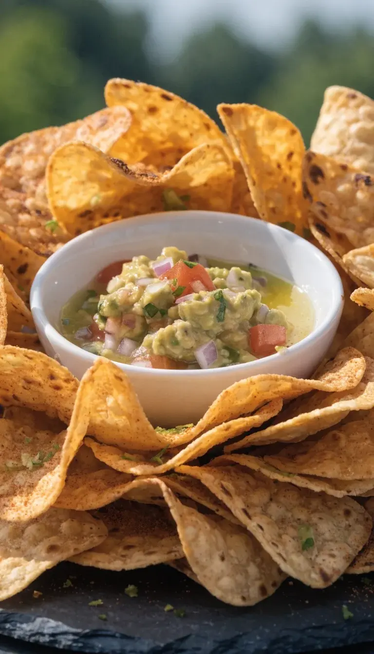 A vibrant, macro shot of a finished plate: mixed corn and flour tortilla chips arranged in a circular dip-friendly arrangement around a small bowl of lime-cizzled salsa or guacamole. Highlight textures: ruffled edges, golden brown color, and a glistening light dusting of chili powder. Garnish with lime zest, and a drizzle of lime juice on the chips for shine. Set on a cool-toned slate board or white porcelain plate, with natural morning light and shallow depth of field to blur the background subtly.