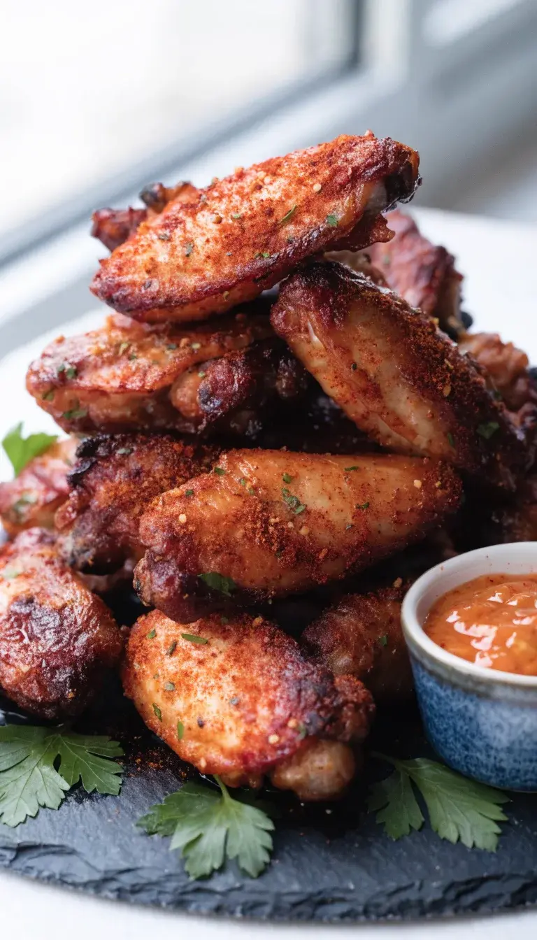 A close-up, high-contrast shot of crispy air-fried chicken wings arranged in a neat pile on a dark slate platter. Glisten with a light sheen of olive oil, with visible paprika, garlic powder, chili powder, and cumin dusting the wings. Include a small ramekin of tangy sauce and a few fresh parsley leaves for color. Natural daylight from a window creates gentle shadows, the background uncluttered and white to emphasize the wings’ golden crust and juicy interiors.