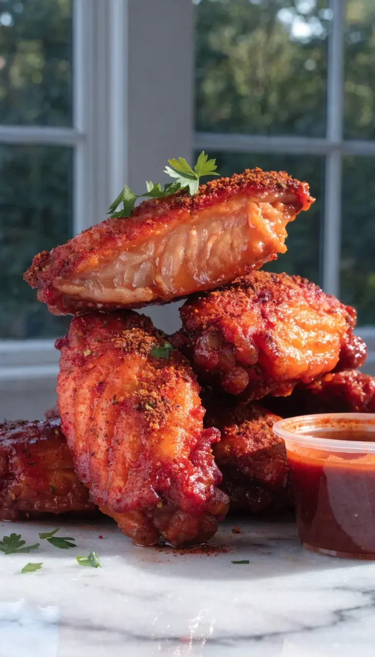 A dramatic, restaurant-style shot focusing on texture: a single wing stacked atop others with a crisp, crackly exterior and visible juicy interior where the bite reveals moist flesh. Seasoning particles cling to the surface (paprika, cumin, chili powder). Garnish with a light sprinkle of chopped parsley and a tiny squeeze of hot sauce on a glossy dipping cup nearby. Shoot from a 45-degree angle on a white marble countertop with natural window light for bright, clean reflections and mouthwatering depth.