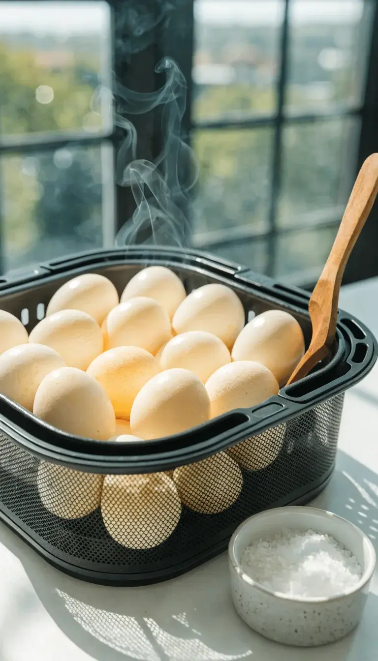 A close-up, high-resolution shot of a single tray of dozen hard-boiled eggs arranged in two neat rows inside a compact air fryer basket, showcasing perfectly set whites and pale yellow yolks. The scene uses natural window light, with a soft shadow on a clean white surface. Include a small ramekin of flaky sea salt and a wooden spoon resting beside the tray, emphasizing the hands-off method and batch capability. Slight steam curls from the eggs to imply freshness.