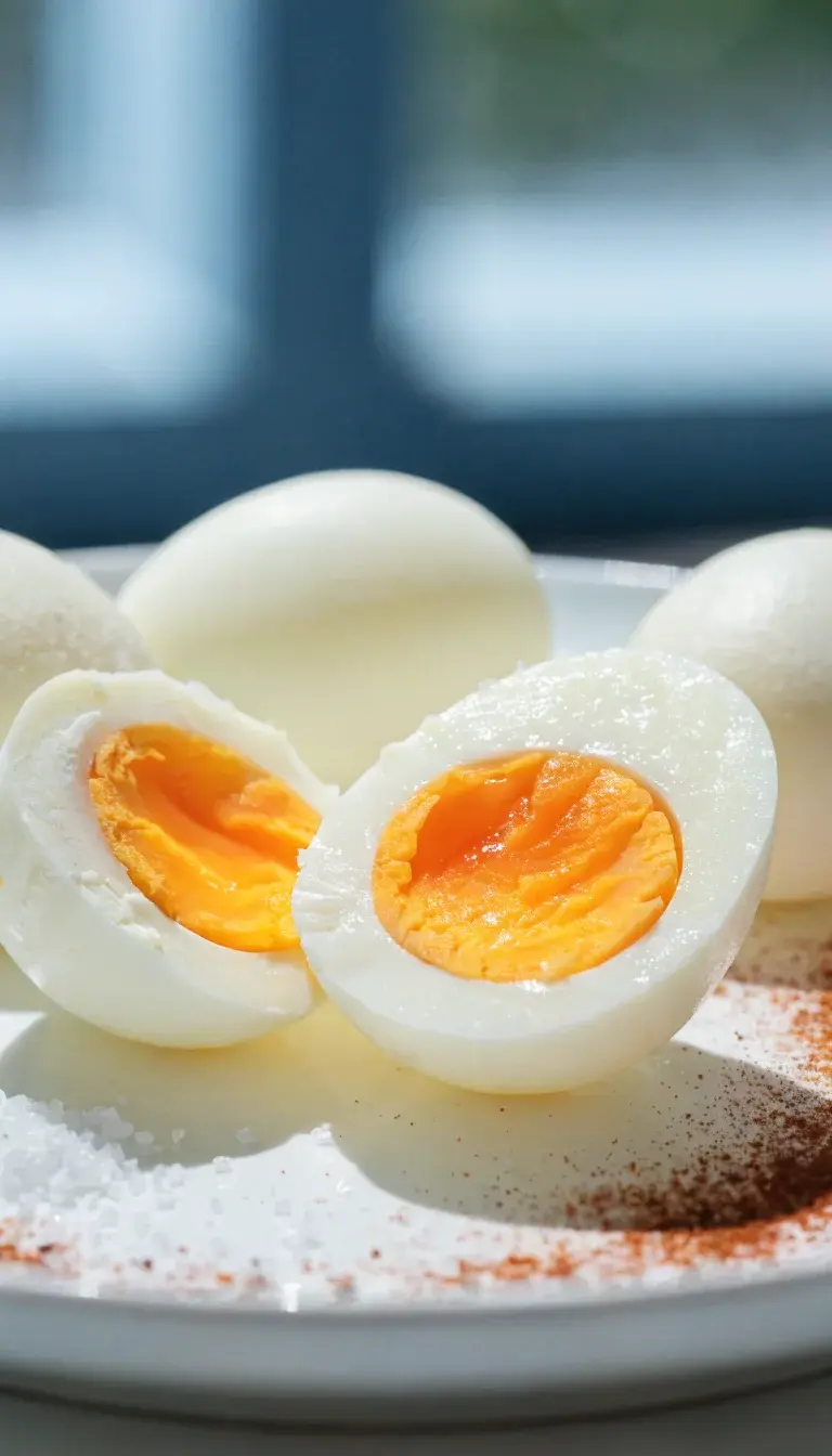 A studio-style, action-free shot of a peeled egg being sliced in half on a clean white plate, showing a perfectly set yolk and velvety interior. Surround with a few other peeled eggs, a few grains of salt sprinkled nearby, and a light dusting of paprika for color. Use natural daylight to create gentle shadows and a crisp, appetizing finish, conveying the “no babysitting” ease and pristine presentation of air-fryer hard-boiled eggs.