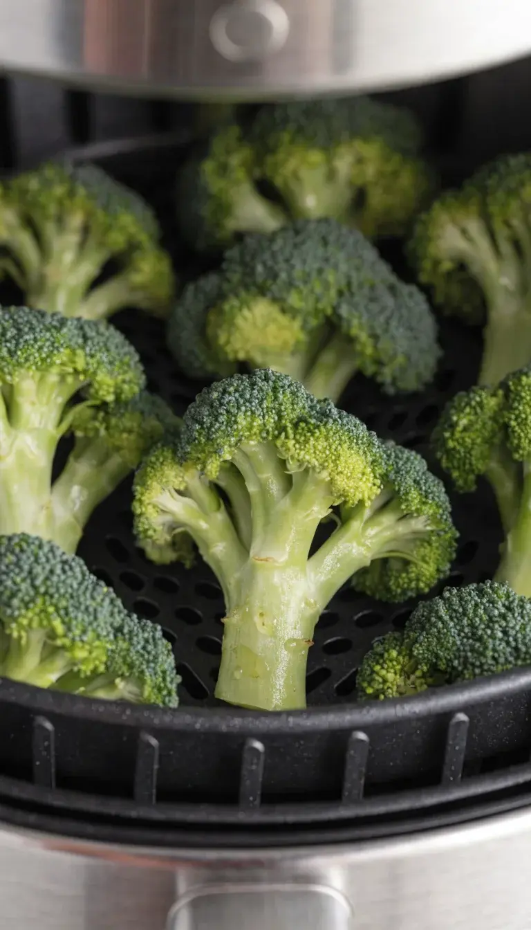 Prompt: A close-up shot of vibrant broccoli florets in an air fryer tray, evenly spaced to show uniform 1–