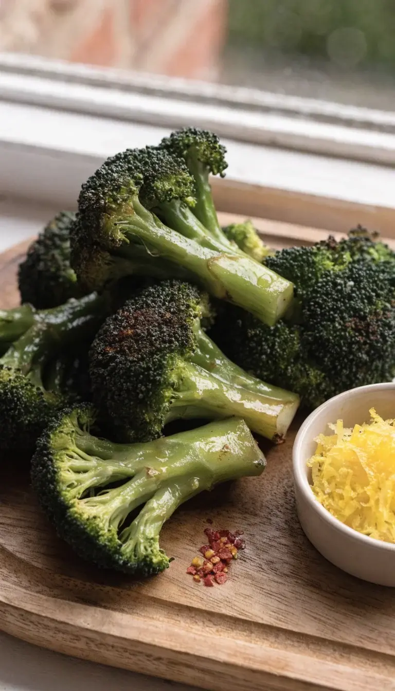 Prompt: A lifestyle-style still life of cooked air-fried broccoli on a rustic wooden board. Show a small ramekin of lemon zest and a pinch of red pepper flakes nearby for garnish, plus a light mist of olive oil shimmering on the florets. Capture the glossy, slightly blistered surfaces and the tender interior visible at the cut ends. Use natural daylight from the side to create soft shadows, minimal props, and a minimalist background to keep the focus on the crispy greens.