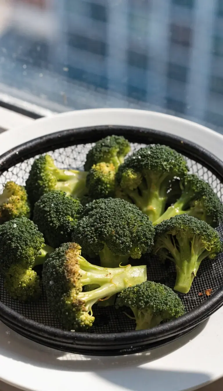 A close-up of a single-layer tray of frozen broccoli florets in an air fryer basket, showing light oil sheen on the florets, tiny char marks, and crisp edges. Natural sunlight from a nearby window highlights the vibrant green with subtle salt crystals sprinkled on top, a small pinch of red pepper flakes visible in the corner for a pop of color, and a clean white plate beneath the basket to suggest serving.