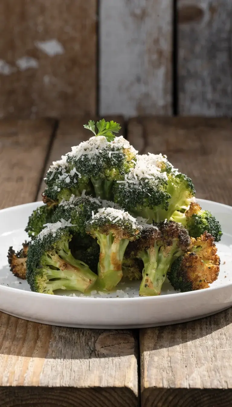 Stage-forward plated scene: crispy, air-fried broccoli florets arranged in a shallow white dish, with a light drizzle of lemon-infused oil, a sprinkle of finely grated parmesan and coffee-ground black pepper for contrast, a tiny herb sprig (parsley) for color, and a clean rustic wooden surface in the background. Natural lighting from the side enhances the caramelization, highlighting crunch and the green vibrancy, with gentle shadows to convey depth.