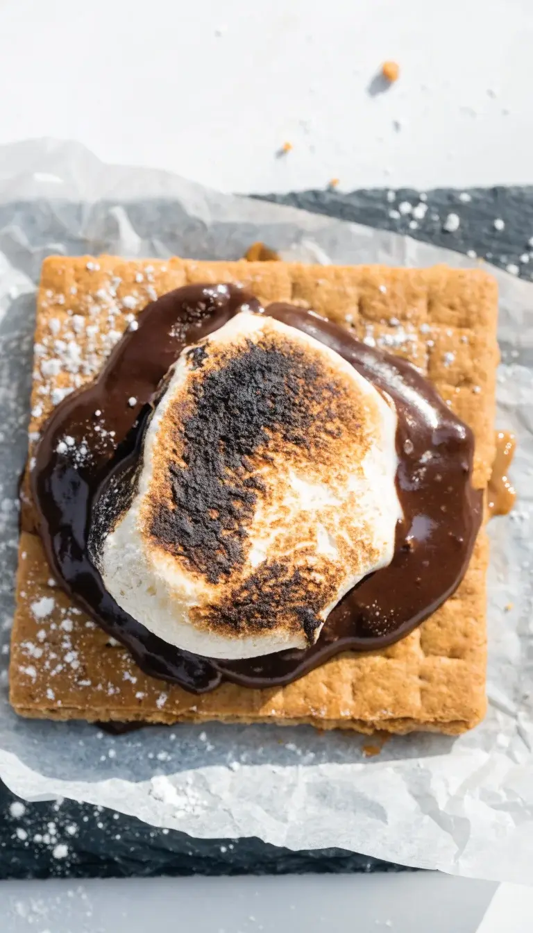 A close-up, top-down shot of a single s’more assembled on a parchment-lined slate board: crispy toasted marshmallow melted into glossy chocolate between two graham cracker squares, with a subtle sheen from natural light. Include a light dusting of powdered sugar or a tiny pinch of sea salt for texture, and a small smear of peanut butter or caramel visible on one cracker edge. Use a clean white background with soft shadows and a shallow depth of field to blur the background while keeping the s’more razor sharp.