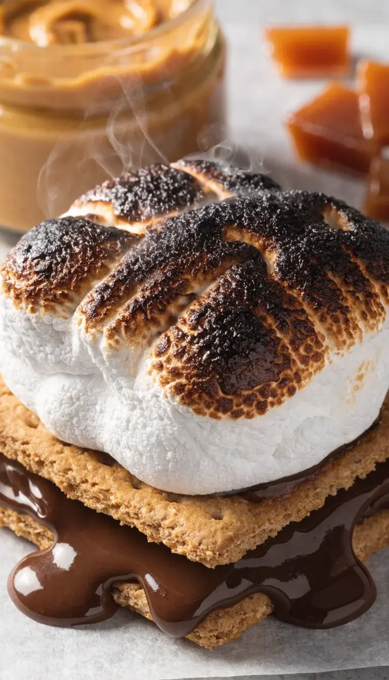 A dynamic, macro-style spread illustrating the crunchy-to-chewy texture: a blistered, caramelized marshmallow on top of a chocolate-oozing s’more, the graham cracker edges visibly toasted to golden brown. Include a hands-off setup of a parchment rectangle beneath for contrast, and a small jar of peanut butter and a few caramel shards on the side to hint at flavor variations. Use a shallow depth of field, a neutral background, and a subtle frost of tiny sugar crystals catching the light to emphasize texture.