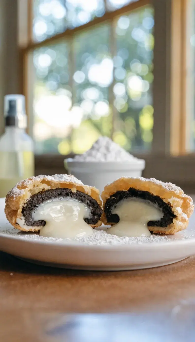 Crisp air-fried Oreo halves arranged on a clean white plate, coated in a light batter with visible pancake/ tempura texture. Show a side-by-side view: one Oreo with a perfectly melted cream center oozing slightly, surrounded by a gentle dusting of powdered sugar. Background features a neutral wooden surface and a soft natural light coming from a window, with a small ramekin of powdered sugar and a light spray bottle of oil to hint at the cooking method. Highlight golden-brown exteriors and the glossy cream filling.