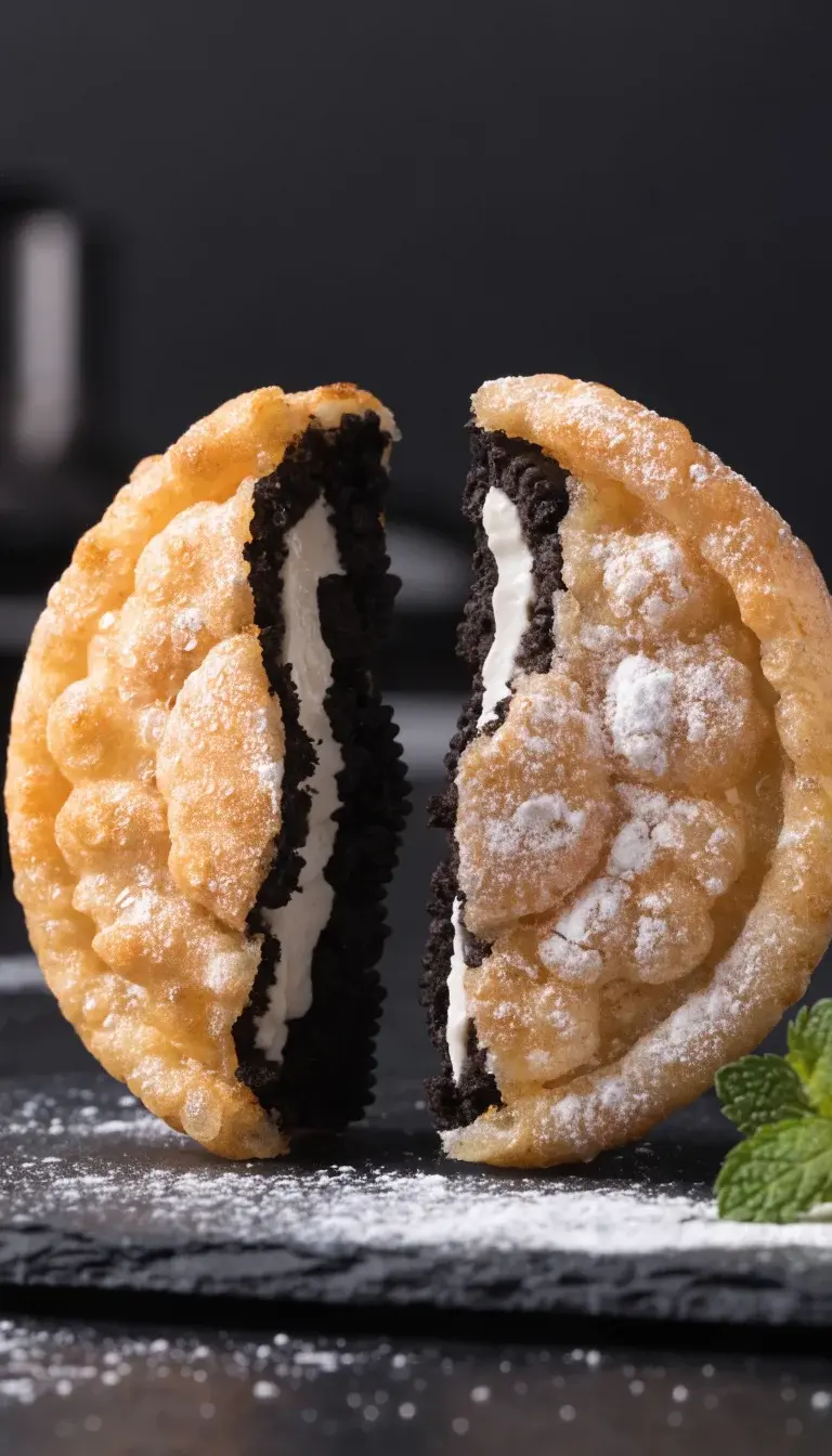 Close-up macro of a single air-fried Oreo broken in half on a dark slate board, showing the contrast between the crunchy exterior and the soft, melty center. The batter edges should sparkle slightly from a light oil spray; capture droplets of condensation on the surface for realism. Surround with a light sprinkle of powdered sugar and a tiny sprig of edible garnish (like a mint leaf) for color contrast. Shoot with a shallow depth of field to keep the Oreo in razor focus while softly blurring the background.