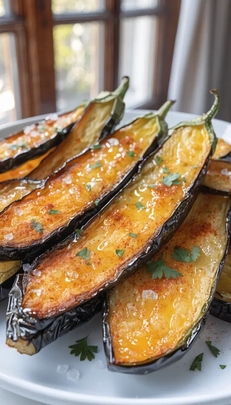 Golden-crisp eggplant spears from the air fryer arranged on a clean white plate, drizzle of olive oil catching the light, salt crystals visible on the surface, with a light dusting of paprika and chopped fresh parsley as garnish. Natural window light, shallow depth of field focused on the front spear, soft, airy background to emphasize texture and crunch.