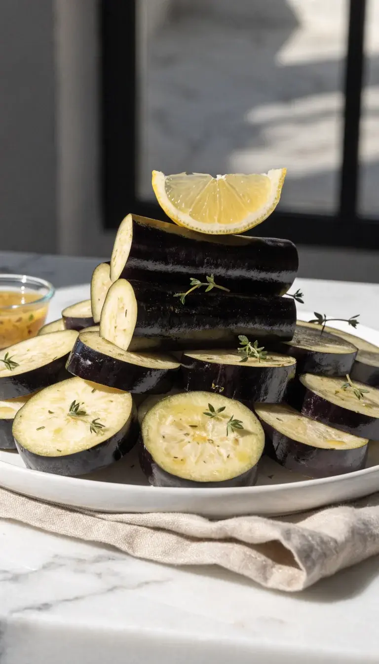 Stacked eggplant sticks and coins variety platter, showing different cuts (sticks and coins) from the same eggplant, lightly kissed with olive oil and a herbs-and-salt finish, garnished with fresh thyme and a lemon wedge. Clear glass dish of dipping sauce nearby, natural sunlight from the side, clean composition with a minimalist backdrop to highlight color and texture.