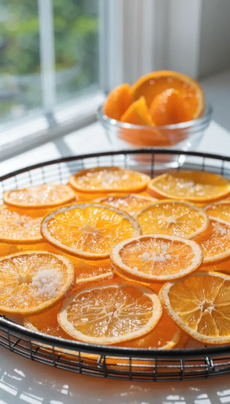 A close-up editorial shot of orange chips drying on a single-basket air fryer tray: thin round slices arranged in a single layer with curled edges, showcasing two textures—crackly edges and chewy centers. Natural light from a nearby window highlights a vibrant mix of bright orange and pale amber hues. Include a small glass bowl of raw, sliced oranges in the background for context, and a light dusting of granulated sugar and a pinch of sea salt visible on some chips for subtle shine. Clean white countertop, minimal props, no people.