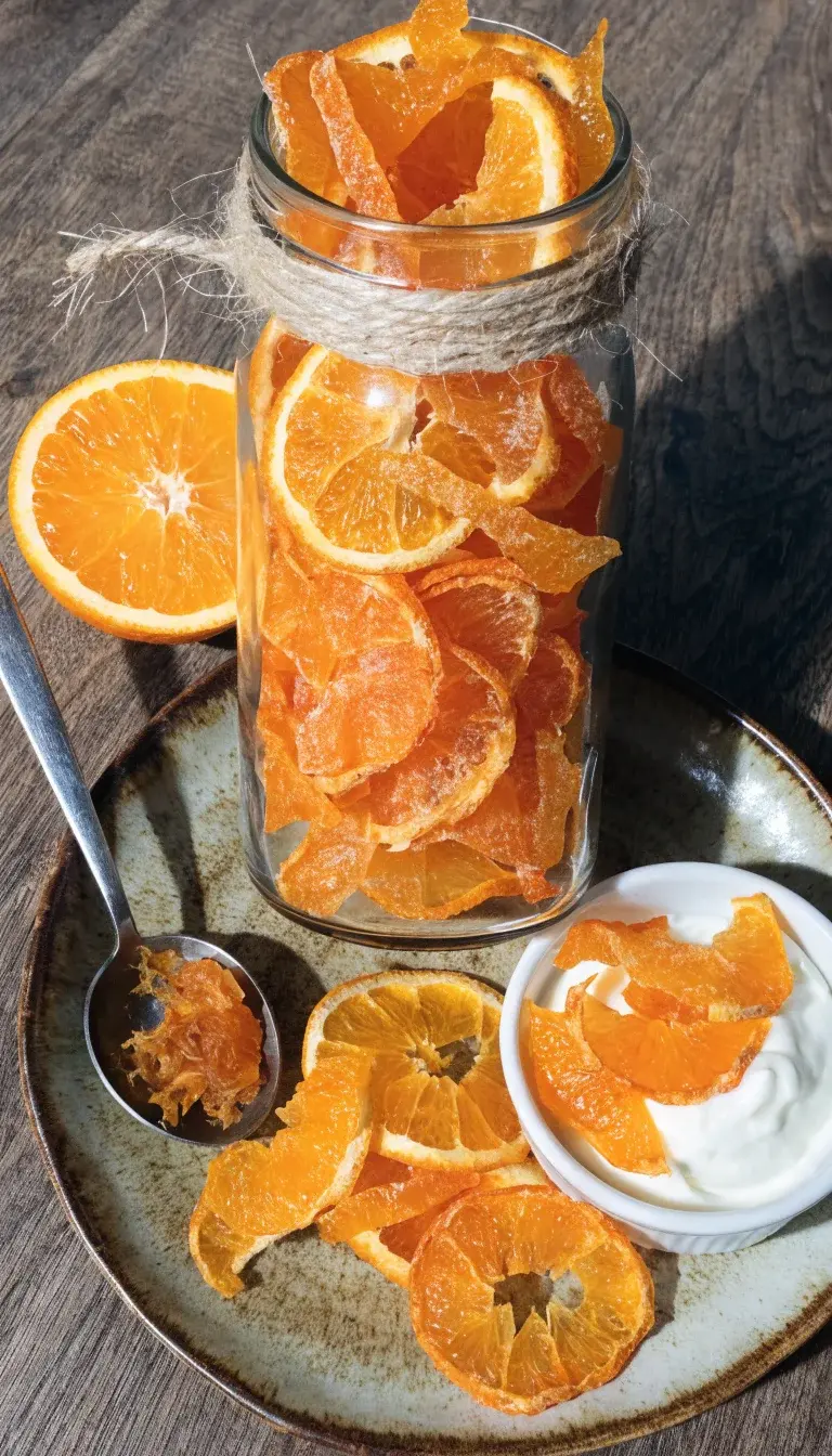 Gifting-ready presentation: a clean, flat-lay shot featuring a jar of homemade orange chips tied with twine, a few loose chips spilling onto a rustic ceramic plate, and a small ramekin of yogurt or cream for serving suggestions. Emphasize the dehydration process with a measuring spoon and a sliced orange half showing the juicy interior and bright color. Natural daylight, warm tones, and a subtle texture backdrop (linen or wood) to convey handcrafted, artisanal quality. Ensure chips display varying textures from crisp to chewy and a light sugar glaze for a glossy finish.