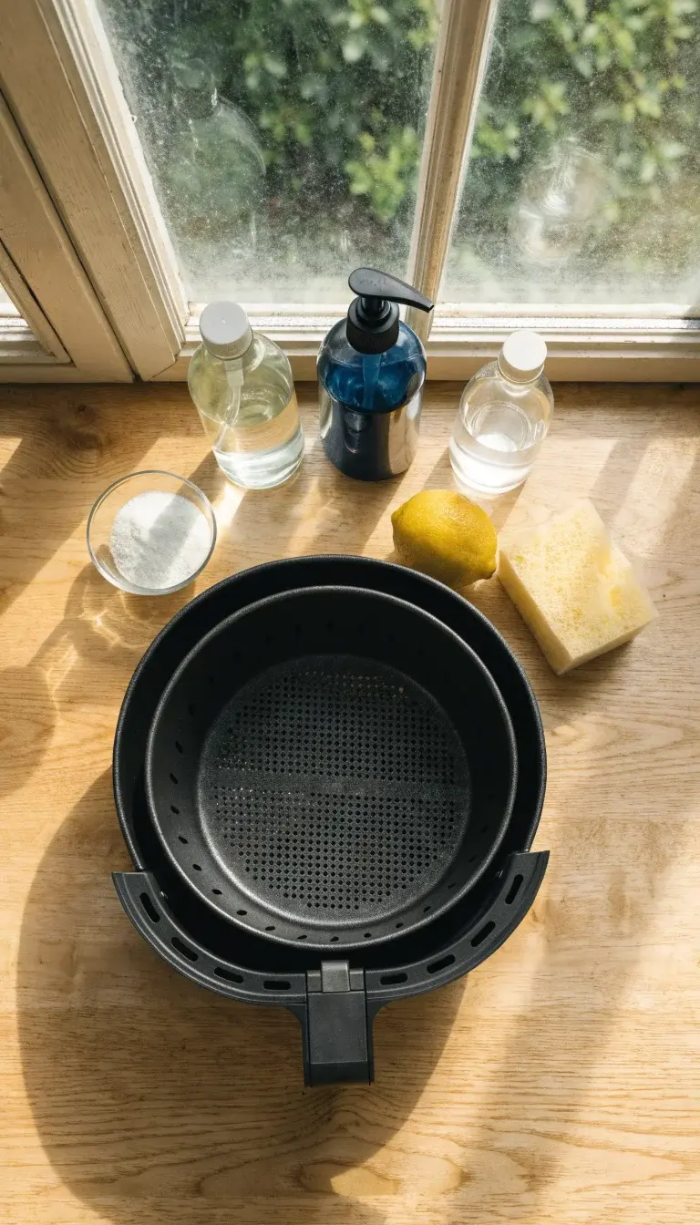 A top-down still life of a clean air fryer basket and pan on a light wooden table, surrounded by neatly arranged cleaning supplies (dish soap, warm water in a clear bottle, white vinegar, lemon) and a soft sponge. Include a small bowl of baking soda with a gentle dusting on its rim. The scene should feel fresh and ready for deep-clean, with natural sunlight streaming through a window to create soft shadows and a minimal, uncluttered composition.