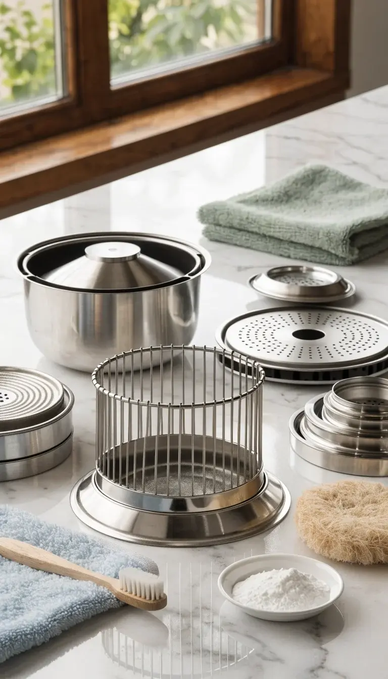 Editorial-style still of disassembled air fryer parts laid out on a clean marble surface: basket, pan, and removable components, each gleaming and uniformly arranged. Surround with a baking soda paste in a small dish, a soft scrubber, an old toothbrush resting on a towel, and a neatly folded microfiber cloth. The lighting should be bright and neutral, focusing on the methodical, organized process of cleaning with soft gradients and minimal shadows. No people; emphasize the tools and clean, pristine parts.
