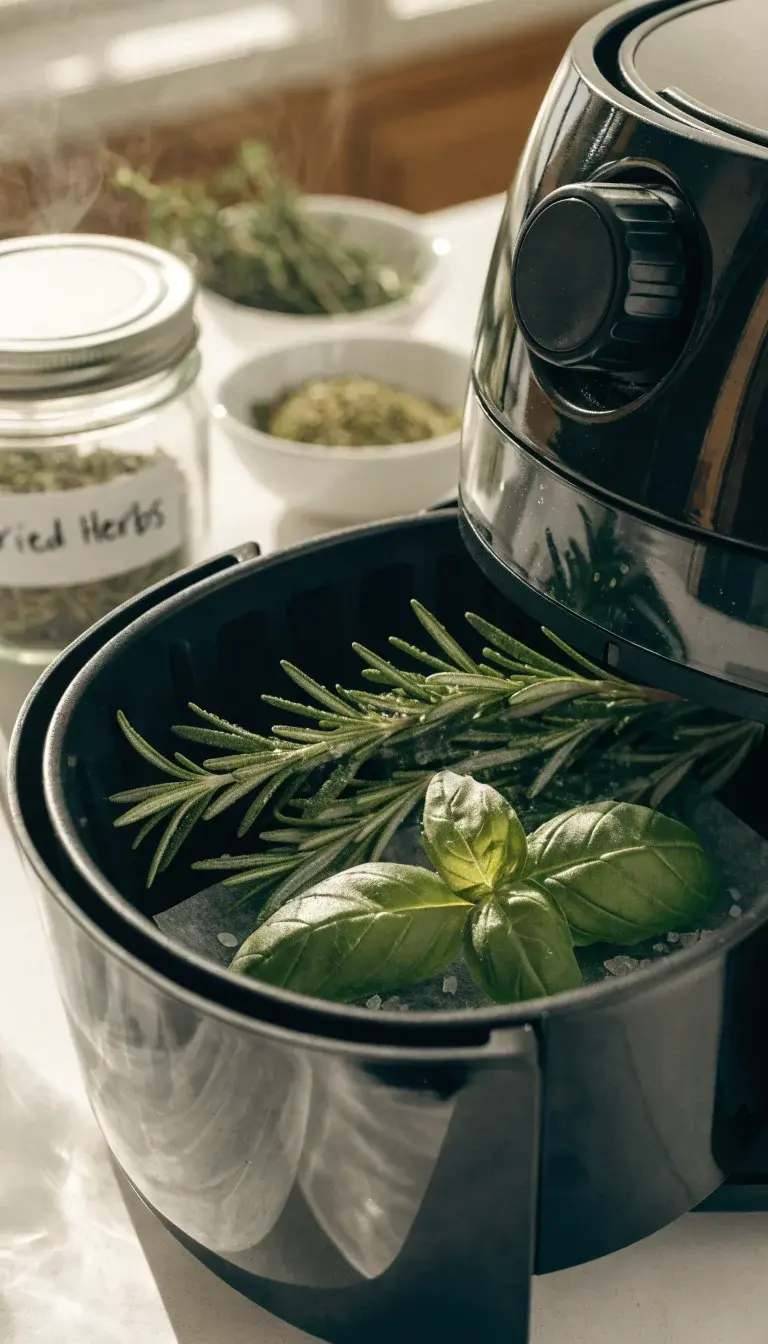 Prompt: A close-up, studio-style shot of a small modern air fryer with its transparent basket visible, gently drying a sprig of fresh rosemary and a few basil leaves on parchment or a silicone sheet. Surround with bowls of whole sprigs (rosemary, thyme) and loose dried herb dust in warm, natural daylight. Focus on textures: glossy rosemary needles, velvety basil, and the faint steam or SHOP-like dryness in the air fryer’s interior. Include a delicate sprinkle of flaky sea salt and a tiny glass jar labeled “Dried Herbs” to suggest preservation. Clean white countertop, shallow depth of field, crisp details.