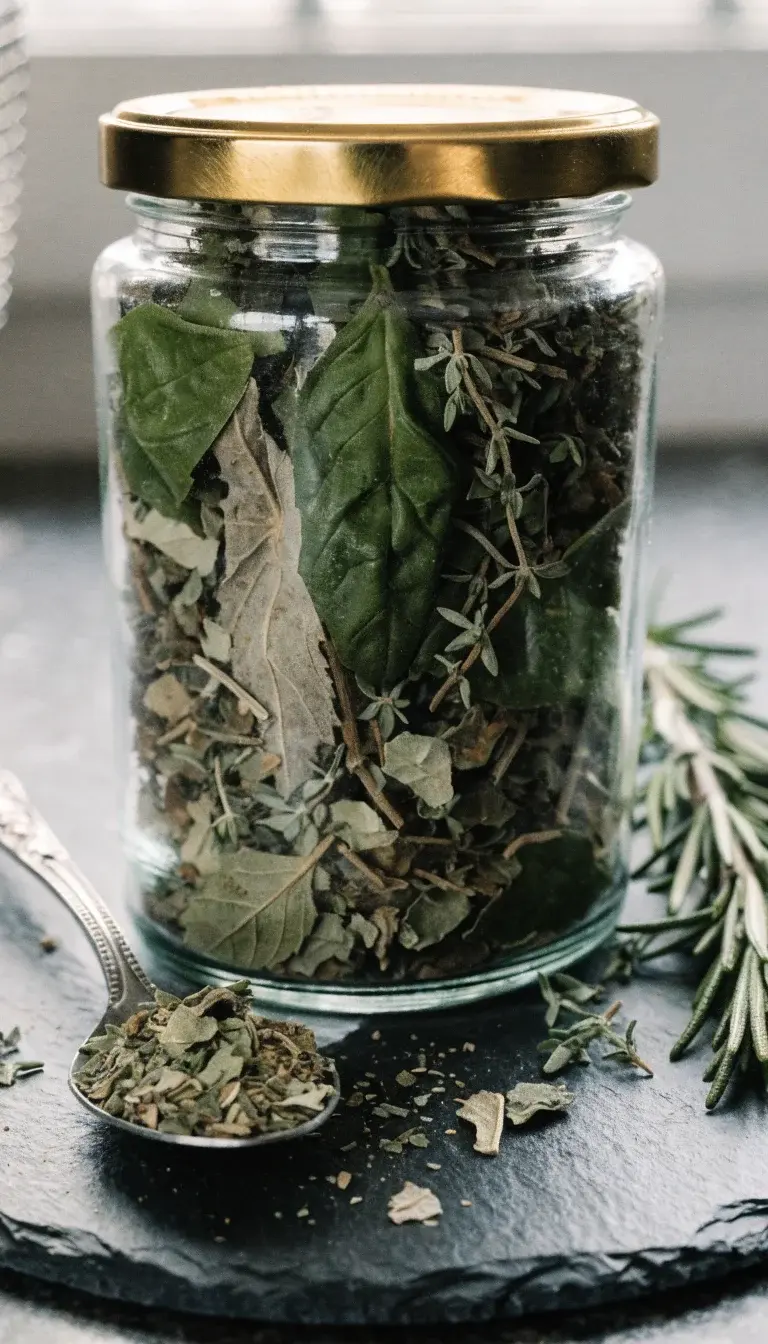 Prompt: Minimalist composition of finished dried herbs displayed on a clean slate board. Include a glass jar labeled “Dried Basil, Oregano, Thyme” with gold-rim lid, a teaspoon of crushed dried herbs, and a few intact sprigs of rosemary for color contrast. Show the herbs arranged to highlight texture: curled basil edges, needle-like rosemary, and delicate thyme sprigs. Natural light from a window casts soft shadows, with a subtle hint of the air fryer’s mesh texture blurred in the background to imply the drying method without showing appliance details.