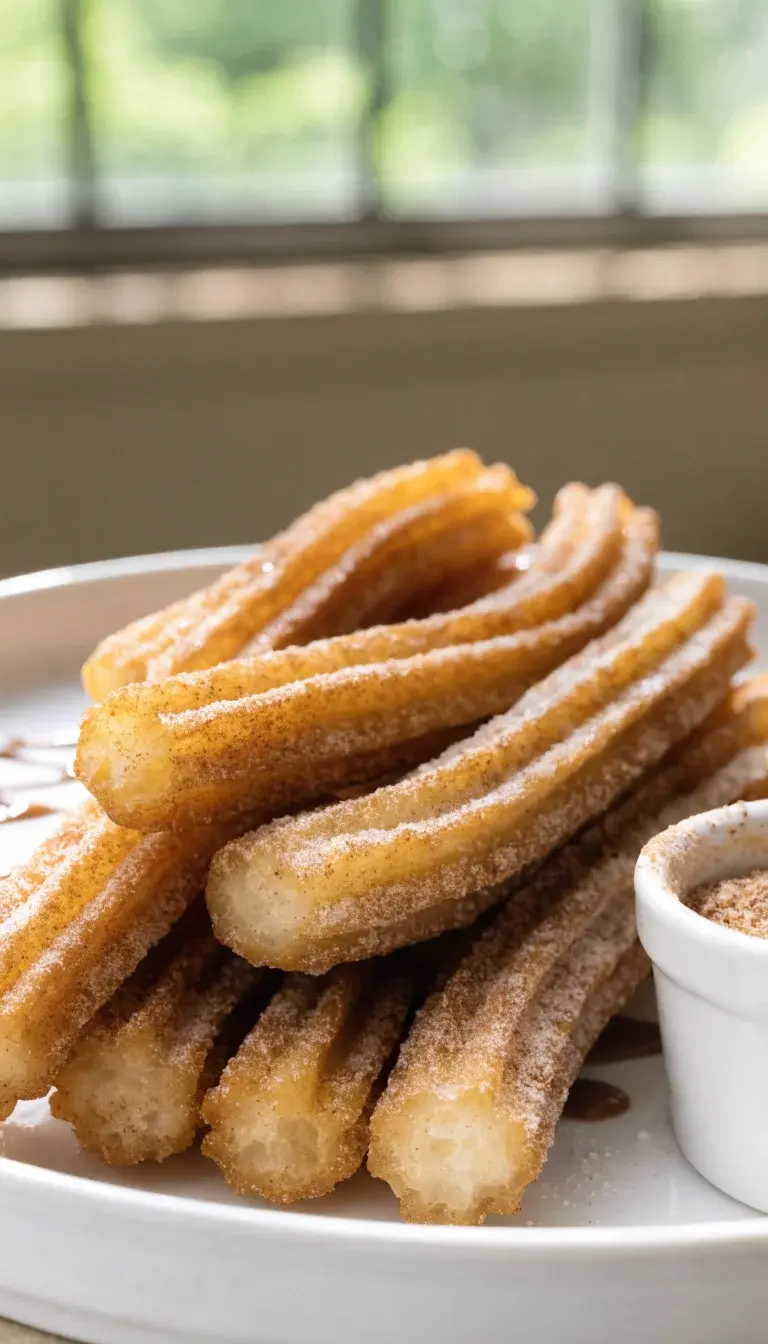 A close-up macro shot of airy air-fried churros on a pristine white plate. Emphasize the crisp, golden exterior with a delicate cinnamon-sugar dusting, a soft interior peeking through at the open ends, and a light sheen from a subtle glaze. Include a small ramekin of extra cinnamon-sugar and a drizzle of melted chocolate or caramel to suggest garnish options. Use natural window light, soft shadows, and clean, minimal styling to highlight texture and color.