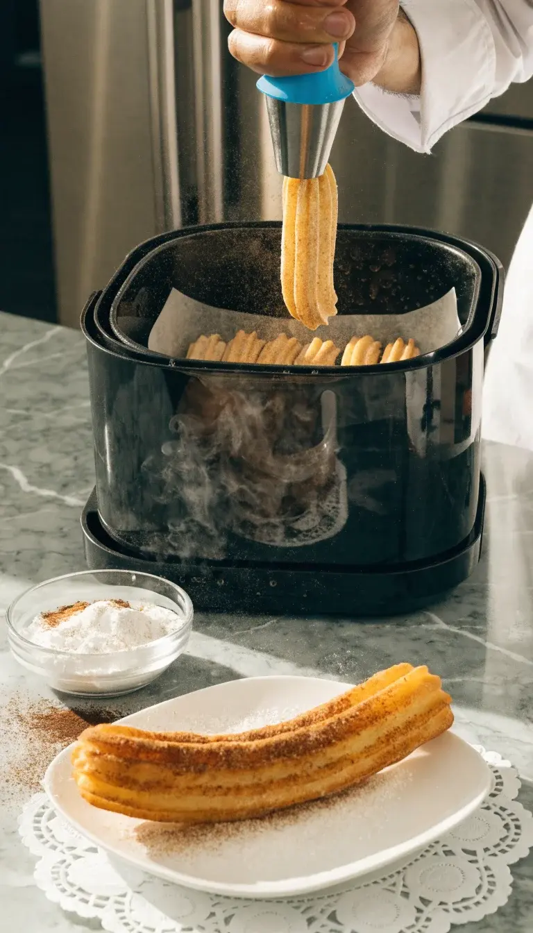Action-style food shot showcasing preparation and finish: a chef’s hand piping churro dough into the air fryer insert, with the tray already lined by parchment and a light mist of oil in the air fryer basket to imply crisping without grease. In the foreground, display a finished churro sprinkled with cinnamon-sugar resting on a delicate doily over a white plate, with a tiny bowl of dusted sugar and a light dusting of cocoa powder nearby. Natural lighting, clean composition, and a soft background to emphasize texture, color, and the “guilt-free fry” theme.