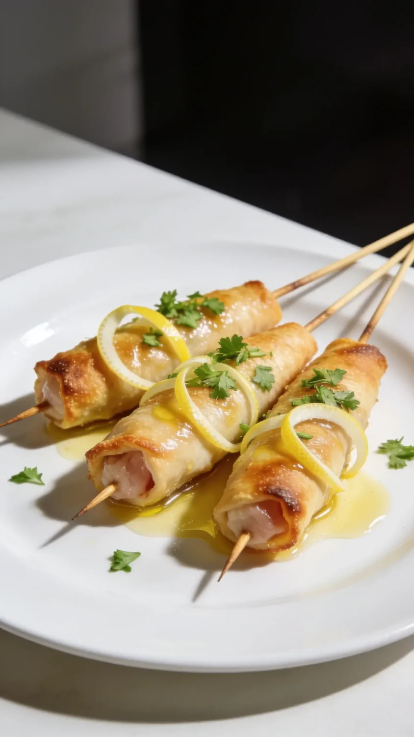 The plated finish: three spedini skewers fanned on a white plate with a delicate, crisp exterior and juicy interior just peeking through. Garnish with lemon zest ribbons, chopped fresh parsley, and a light drizzle of lemony glaze or olive oil sheen to enhance gloss. Shot from a slight angle to emphasize the crisp bite and tender interior, a minimal background with a clean, modern table setting. Natural morning light to create subtle highlights on the glaze and edges.