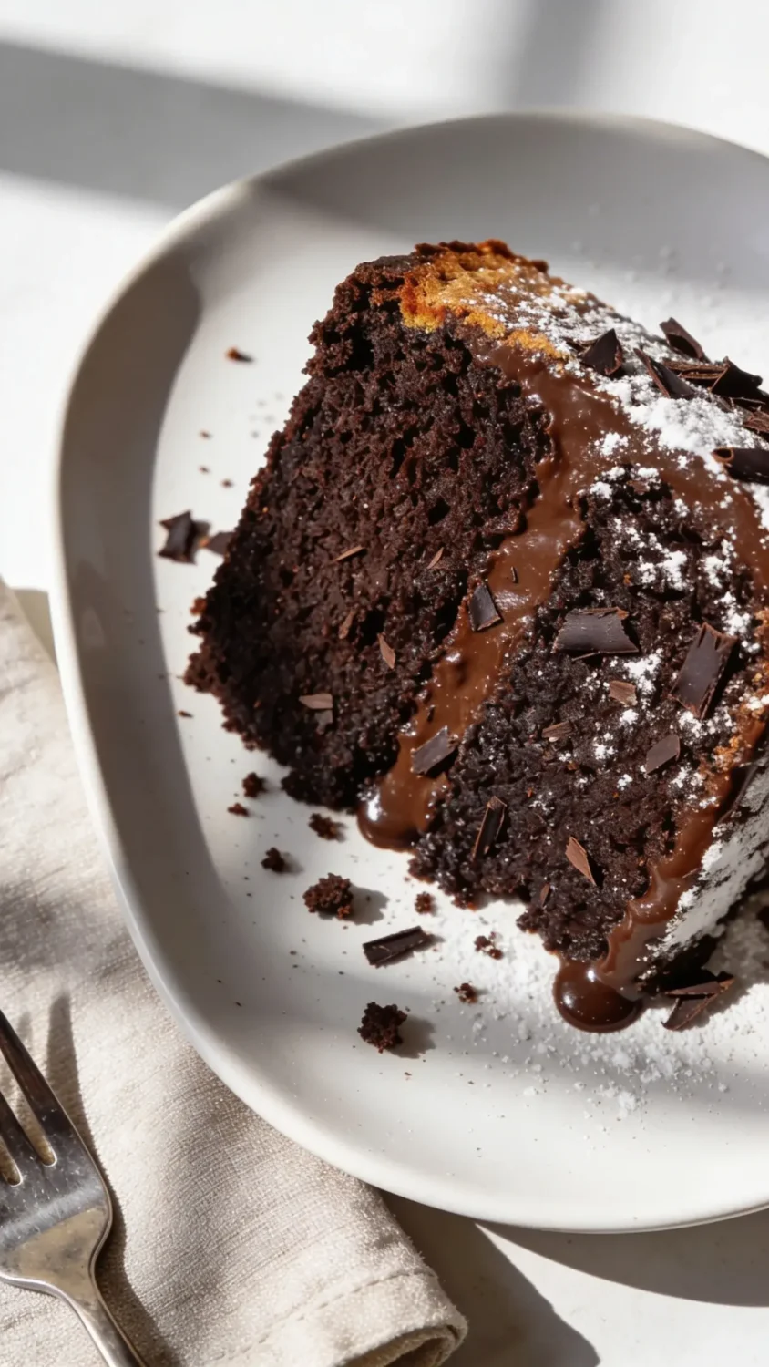 Prompt 1: Close-up, overhead shot of a moist air fryer chocolate cake slice on a clean white plate, crumbs scattered lightly, with a glossy chocolate glaze sheen. Capture the crisp, slightly browned edge and a moist, rich interior visible at the cut. Garnish with a dusting of powdered sugar and a few dark chocolate shavings. Natural window light from the side for soft shadows, plain neutral background, minimal props (neutral napkin or small fork) to keep focus on texture and moisture.