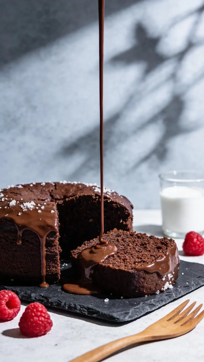 Prompt 3: Editorial-style shot of a finished air fryer chocolate cake on a dark slate board, sliced to reveal a moist, fudgy crumb. Include a drizzle of chocolate ganache cascading over the edge and a subtle sprinkle of flaky sea salt for texture. Surround with garnishes: a few fresh raspberries or berries for color contrast, a small glass of milk in the background, and a wooden fork resting nearby. Use natural morning light, crisp shadows, and a cool-toned backdrop to make the rich browns pop.