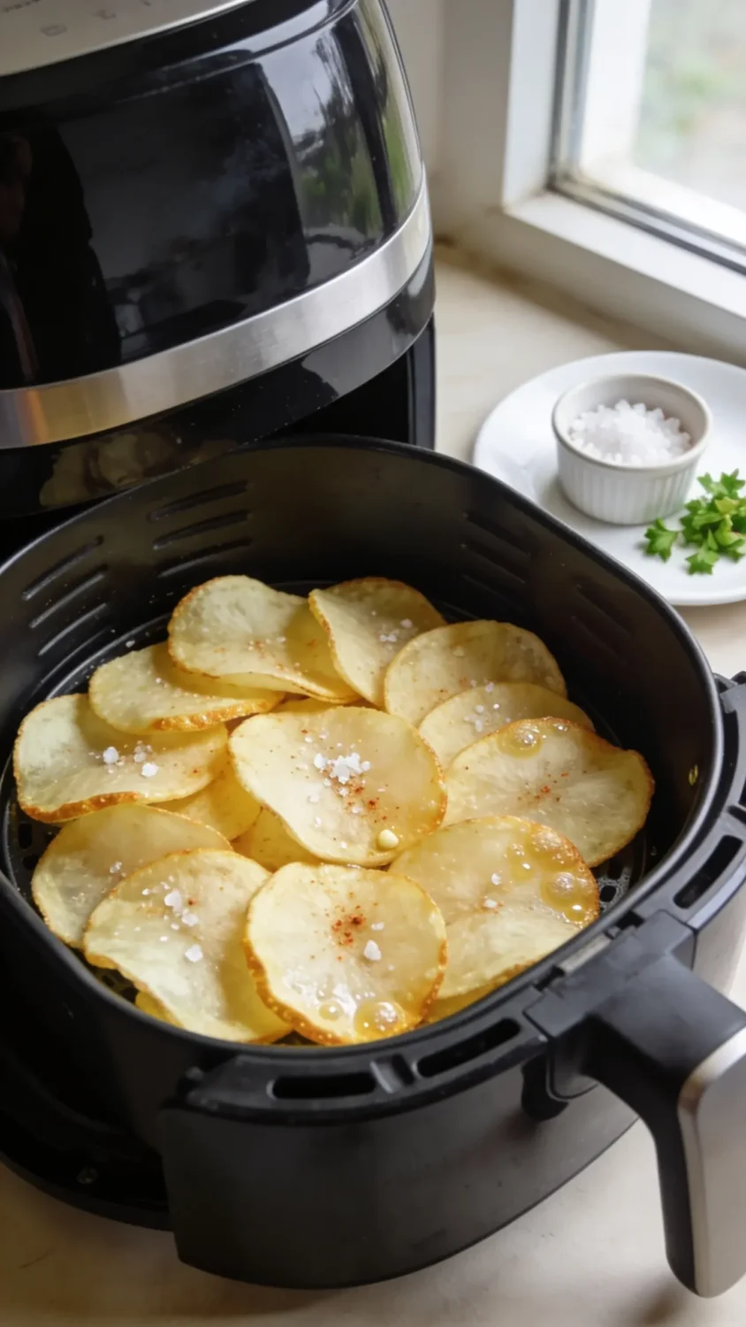 A close-up still life of perfectly thin-cut potato chips laid in a single, even layer inside a glossy, modern air fryer basket. Emphasize 1/16–1/8 inch slices with a light dusting of sea salt and a whisper of paprika or garlic powder. Use natural window light to highlight golden edges, tiny crisp bubbles, and a slight sheen from minimal oil-free crisping. Include a small ramekin of flaky sea salt and a sprinkle of chopped parsley as a fresh garnish on the side, with clean white plate and neutral background.